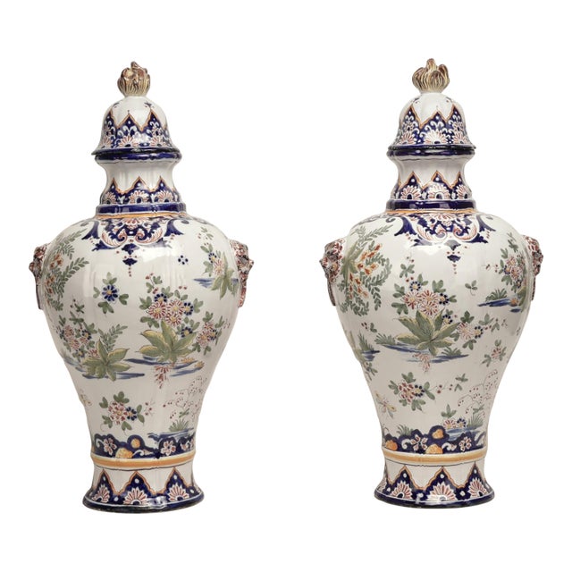 Pair of Antique French Faience Earthenware Lidded Urns For Sale