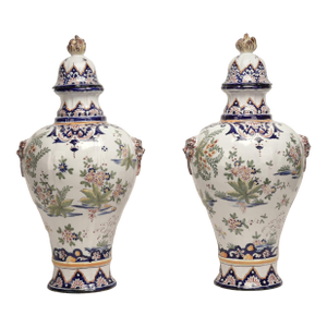 Pair of Antique French Faience Earthenware Lidded Urns