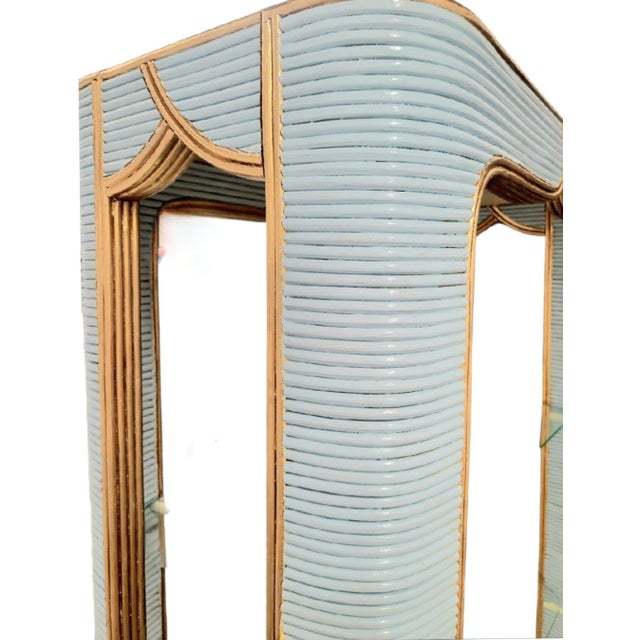 Vintage Custom Painted Baby Blue Gold Arched Pencil Reed Glass Shelving Unit Etagere For Sale In West Palm - Image 6 of 13