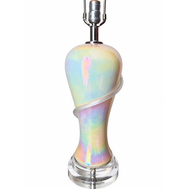 Iridescent Pearlescent Spiral Ribbon Table Lamp With Clear Tiered Base For Sale - Image 12 of 17