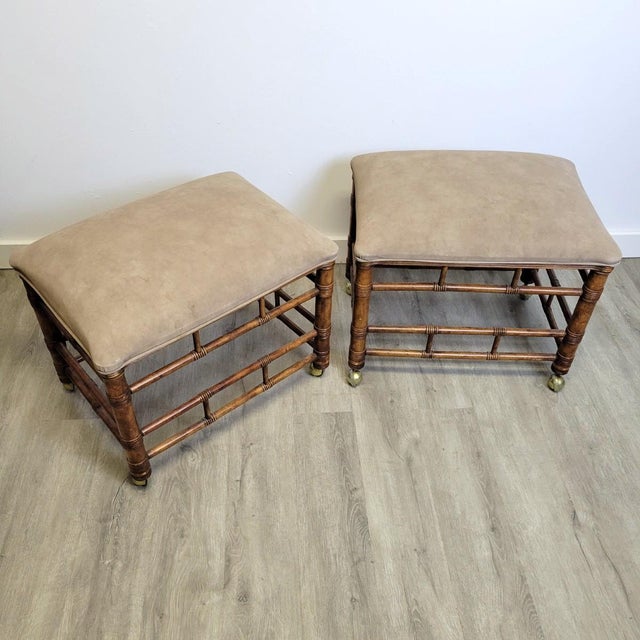 Taupe Pair of Stanley Faux Bamboo Footstools on Brass Casters, C. 1970s For Sale - Image 8 of 10