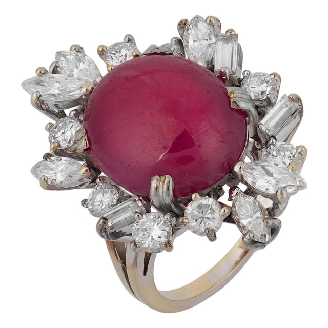 1950s Mid Century French Gia 11 Carat No Heat Cabochon Ruby Diamond Platinum Ring, Size 6.5 For Sale