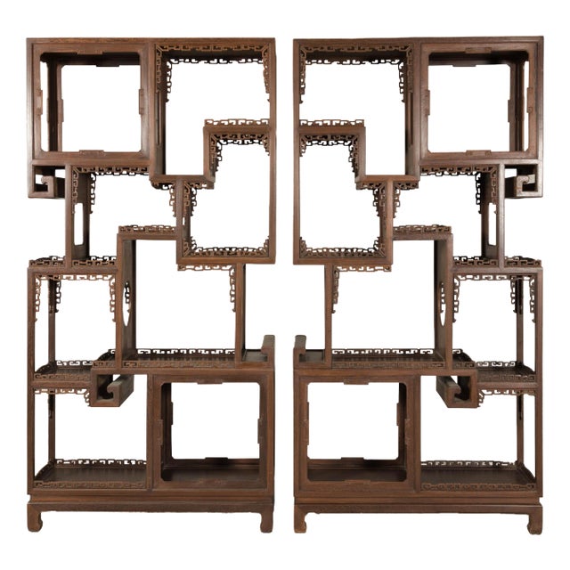 Pair of Late Qing Dynasty Brown Lacquered Display Shelves with Fretwork Motifs For Sale