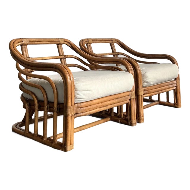 Vintage Boho Brown Jordan Bent Rattan Lounge Chairs - A Pair For Sale