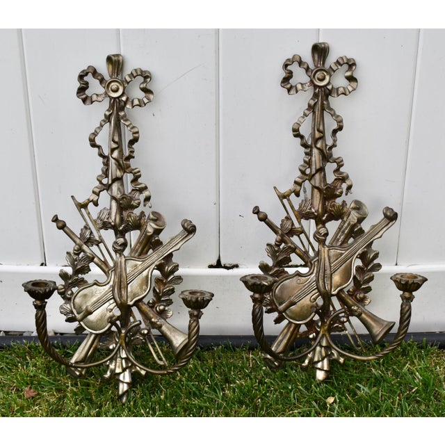 French Pair Brass Sconces Large Ornate Music Wall Violin Candle Holders 40s For Sale In Philadelphia - Image 6 of 17
