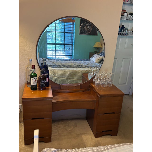 Wood 1940s Retro Vanity - Dressing Table/ Bar With Large Round Mirror For Sale - Image 7 of 7