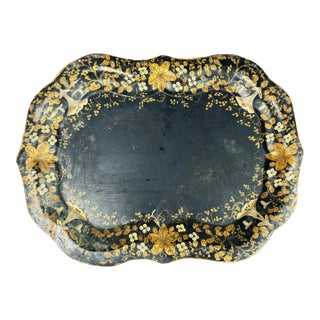 Antique Victorian Hand-Painted Toleware Metal Tray For Sale