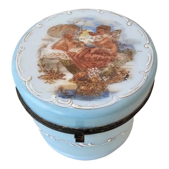 Antique Victorian Blue Opaline Milk Glass Jewelry Casket For Sale