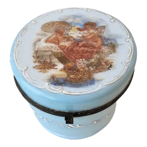 Antique Victorian Blue Opaline Milk Glass Jewelry Casket
