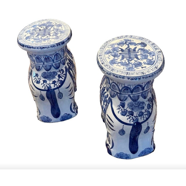 Ceramic Pair of Chinese Export Blue & White Ceramic Elephant Plant Stands / Garden Stools For Sale - Image 7 of 9