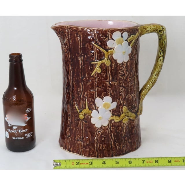 Large Size Antique American Victorian Majolica Dogwood Tree & Flower Pitcher For Sale - Image 10 of 13