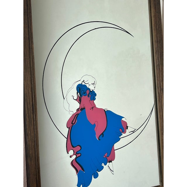 Wood Vintage Art Deco Mirrors with Pierrot Harlequin on Crescent Moon Artwork, 1970s, Set of 2 For Sale - Image 7 of 17