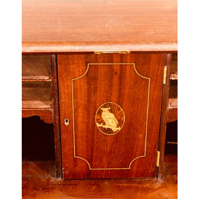 Vintage Inlaid Slant-Front Secretary Desk Hepplewhite Sheraton Style W/ Owl Medallion With Key For Sale - Image 4 of 5