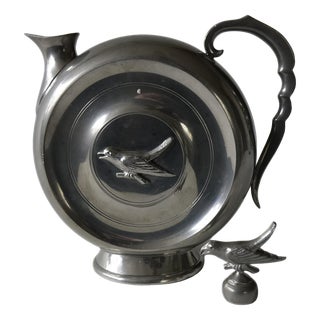 Antique Art Deco Round Jug with Bird from Swedish Tenn, Nyköping, 1920s For Sale