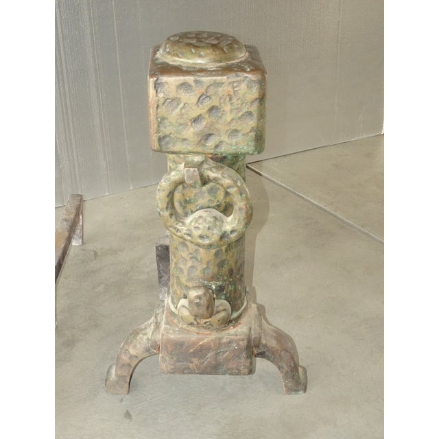 1950s Vintage Spanish Revival Hammered Iron Three Piece Andirons Fireplace Accessorie For Sale - Image 5 of 15