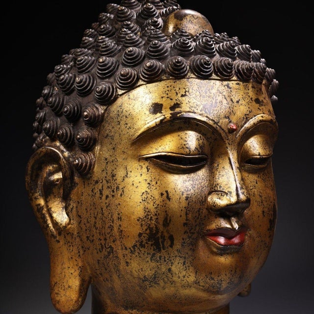 Bronze Monumental Vintage Gilt Bronze Buddha Head Sculpture - Large Asian Zen Decor, 20 LBS For Sale - Image 8 of 9