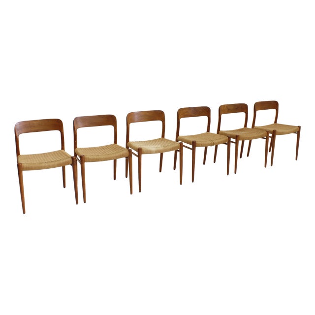 Vintage Model 75 Dining Chairs in Papercord attributed to Niels Otto Møller for J.L. Møllers, 1960s, Set of 6 For Sale