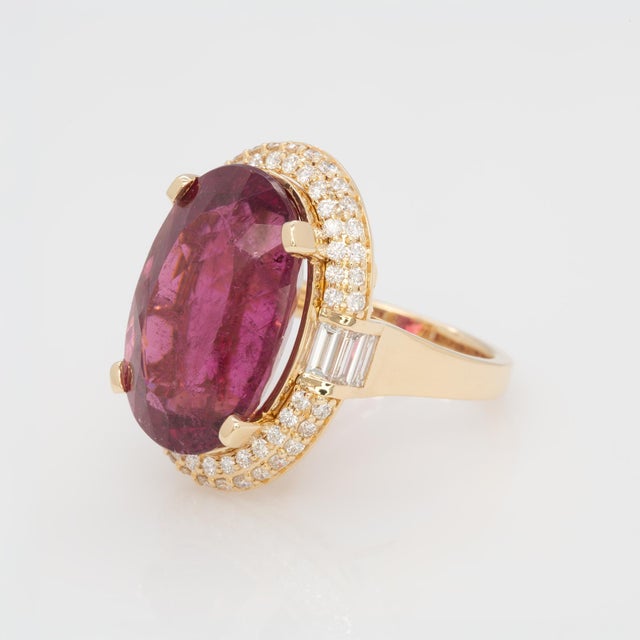 2020s 15.5Ct Rubellite Tourmaline Ring With Earth Mined Diamonds Halo, Size 6.75 For Sale - Image 5 of 8