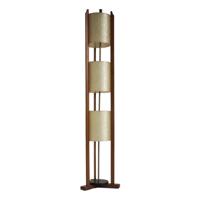 Mid-Century Modern Three-Tier Fiberglass and Wood Floor Lamp, 1950s For Sale