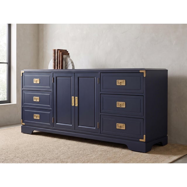 Beautiful vintage Young campaign-style dresser / credenza, professionally refinished in a rich deep navy blue using...
