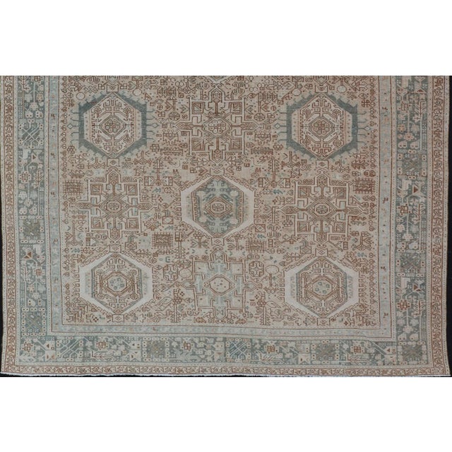 Vintage Persian Heriz Rug With All-Over Medallion Design in Tan and Blues 9'4 X 12'10 For Sale - Image 10 of 14