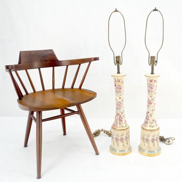 Pair of 39" Tall Ceramic Hand Painted Round Tower Shape Table Lamps w/ Shades For Sale - Image 10 of 13