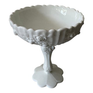 Vintage Milk Glass Pedestal Compote With Embossed Rose and Fruit Relief, C. 1950s–60s For Sale