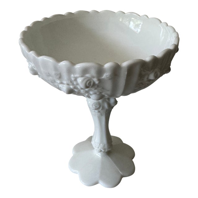 Vintage Milk Glass Pedestal Compote With Embossed Rose and Fruit Relief, C. 1950s–60s For Sale