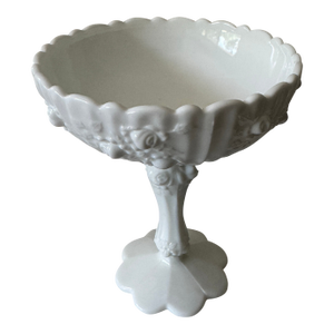 Vintage Milk Glass Pedestal Compote With Embossed Rose and Fruit Relief, C. 1950s–60s
