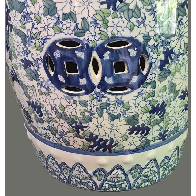 Ceramic Vintage Asian Ceramic Blue-White-Green Floral Garden Stool For Sale - Image 7 of 9