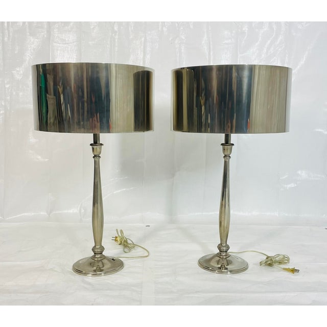 Modern Pair of Nickel-Plated Modern Table Lamps With Matching Metal Shades For Sale - Image 3 of 14