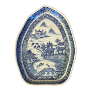 Antique Early 19th Century Chinese Export Blue and White Porcelain Canton Tobacco Leaf Dish Plate