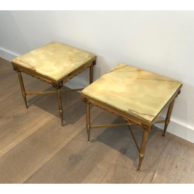 Maison Jansen 1940s Pair of Neoclassical Style Square Brass Side Tables with Onyx Top For Sale - Image 4 of 12