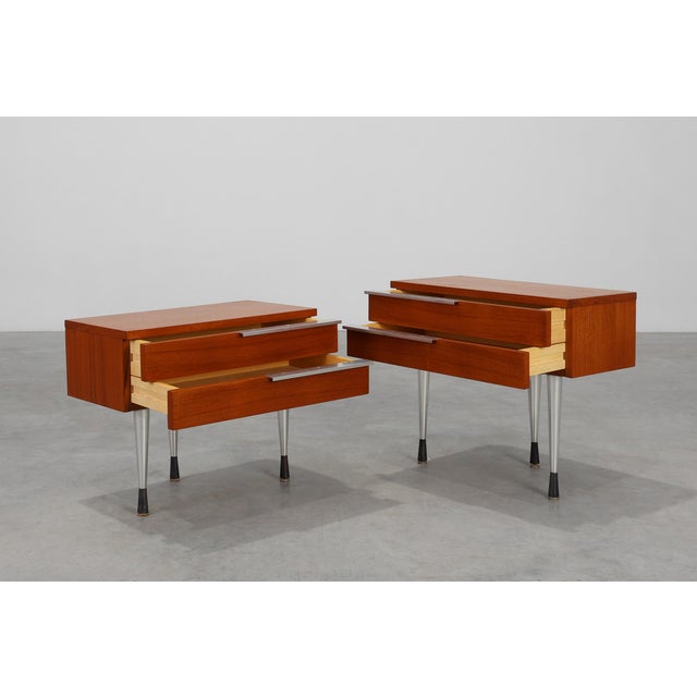 Mid-Century Modern French Nightstands in Teal Veneer and Chrome, 1960s, Set of 2 For Sale - Image 4 of 13