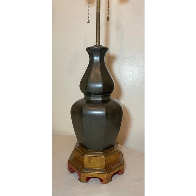 Large Vintage Chinese Dark Green Glaze Pottery Brass Gilt Wood Base Table Lamp For Sale In New York - Image 6 of 17