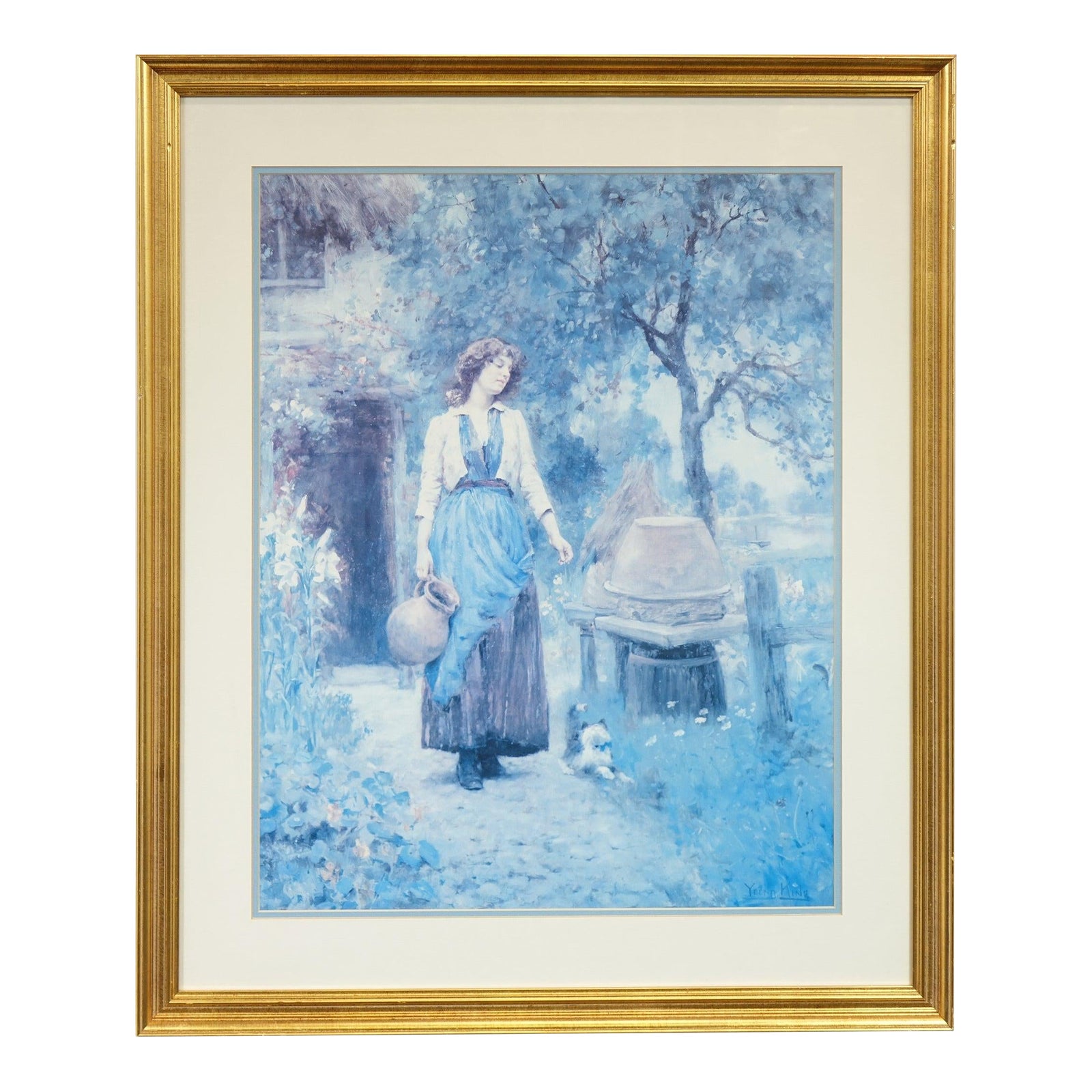 "In the Garden" - Early 20th Century Print Oil on Canvas Signed on the ...