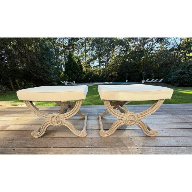 Custom French Grey Painted Neo-Classic X-Style Benches, a Pair For Sale - Image 11 of 14