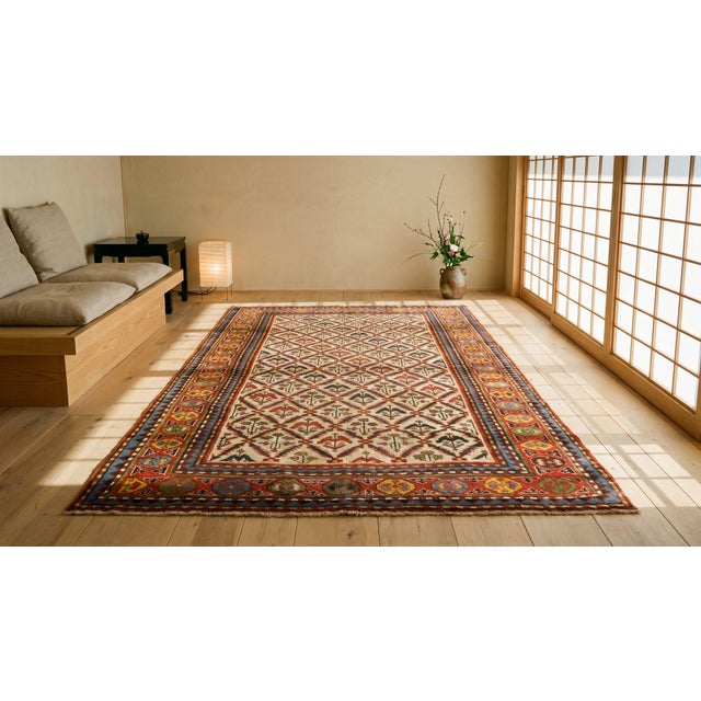 Ivory 1890s Ivory Tribal Diamond Antique Caucasian Kazak Rug 4'8" X 8' Handknotted Wool Carpet For Sale - Image 8 of 9