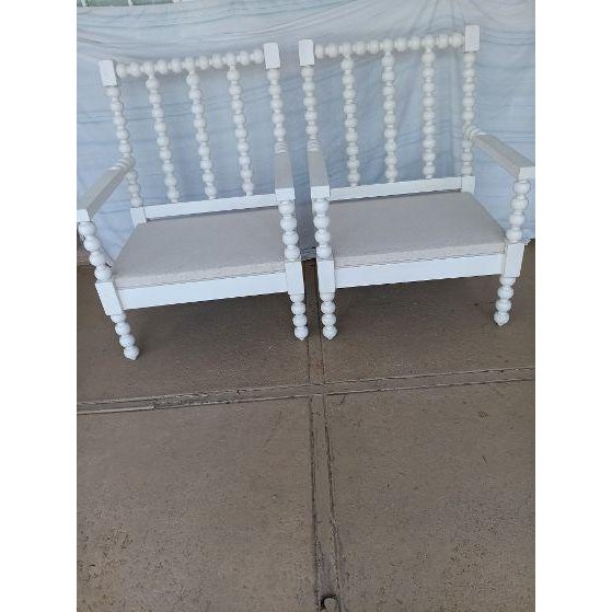 1990s Coastal Wood White Arm Chair With Blue Cushion Set of 2 For Sale In Naples, FL - Image 6 of 6
