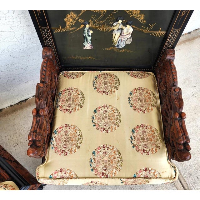 Wood Chinese Hand-Carved Dragon Throne Armchairs Pair For Sale - Image 7 of 18