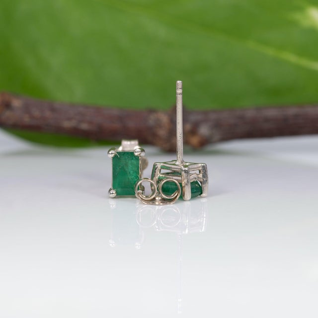 Zambian Emerald Solitaire Stud Earrings, Solid 14k Gold - Emerald Cut 5×3mm, Pair For Sale In Columbus - Image 6 of 7
