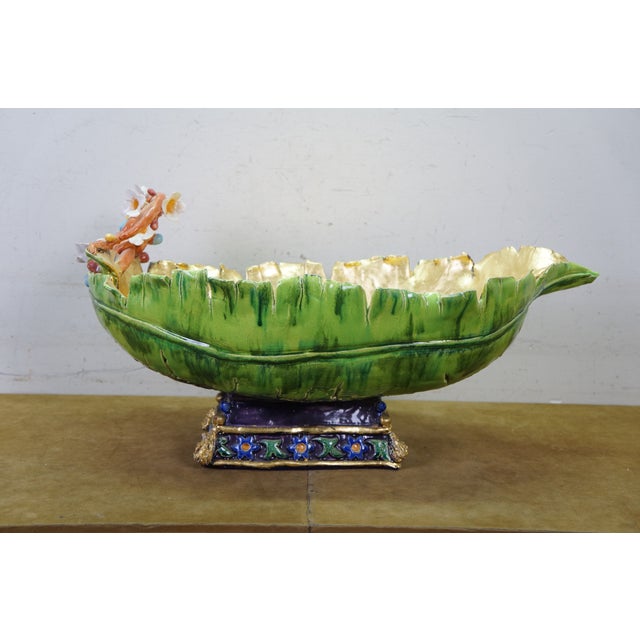 Antique Italian Majolica Footed Banana Leaf Centerpiece Monteith Bowl 26" For Sale - Image 6 of 17