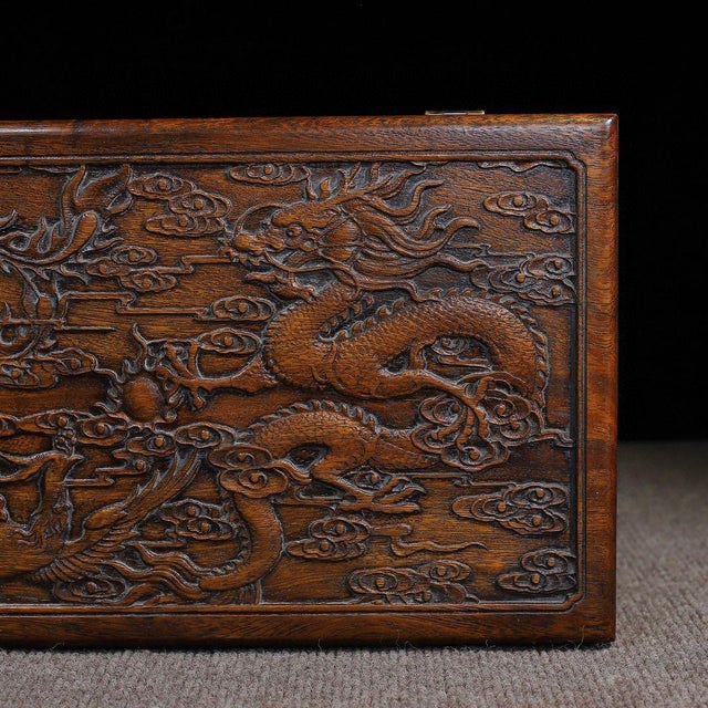 1980s Relief-Carved Hardwood Treasure Box, Chinoiserie Dragon Phoenix Jewelry Storage Chest For Sale - Image 4 of 10