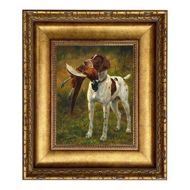 English Pointer With Pheasant Framed 8x10" Oil Painting Print on Canvas, Gold Frame For Sale
