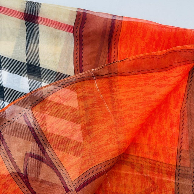 Beige Burberry Beige & Orange Plaid 100% Silk Scarf For Sale - Image 8 of 11