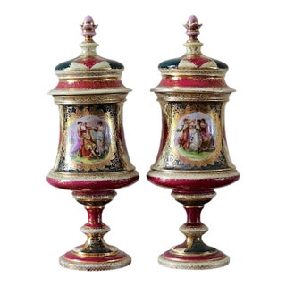 Pair of Antique Austrian Porcelain Urns, Hand-Painted Figural Scenes, Heavy Gilt, C. 1900 For Sale