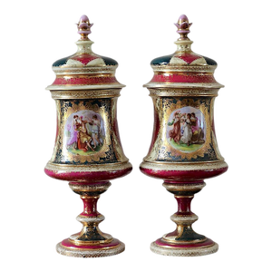 Pair of Antique Austrian Porcelain Urns, Hand-Painted Figural Scenes, Heavy Gilt, C. 1900