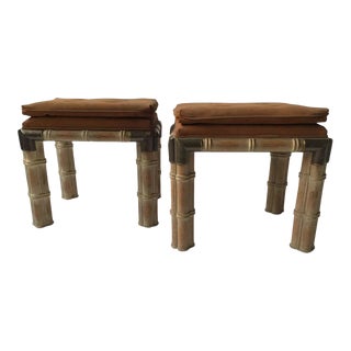 1970s Faux Bamboo Wood Ottomans - A Pair For Sale