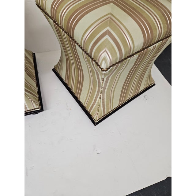 Contemporary Square Silk Taffeta Upolstered Stools or Ottomans With Nailhead Trim on Tiny Bunn Feet - A Pair For Sale - Image 3 of 5