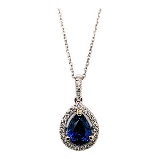 1.8ct Sapphire Pendant W Earth Mined Diamonds in Solid 14k White Gold | Pear 8x6mm For Sale